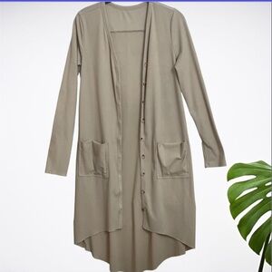 Long Creamy Tan Button-Up Cardigan with pockets
